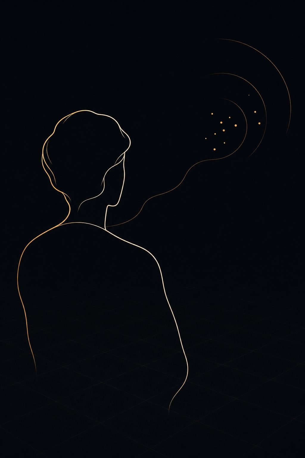 A single-line contour figure, seen from behind, thinking - a quiet signal of arcs and amber dots